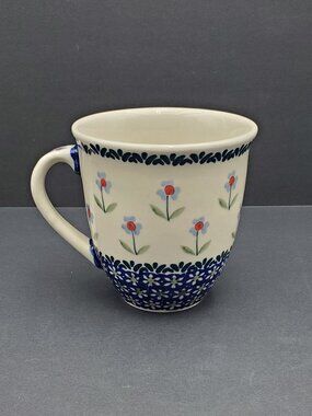 Polish Pottery Blue Daisy Mug Handmade in Poland Blue Daisies Coffee Mug